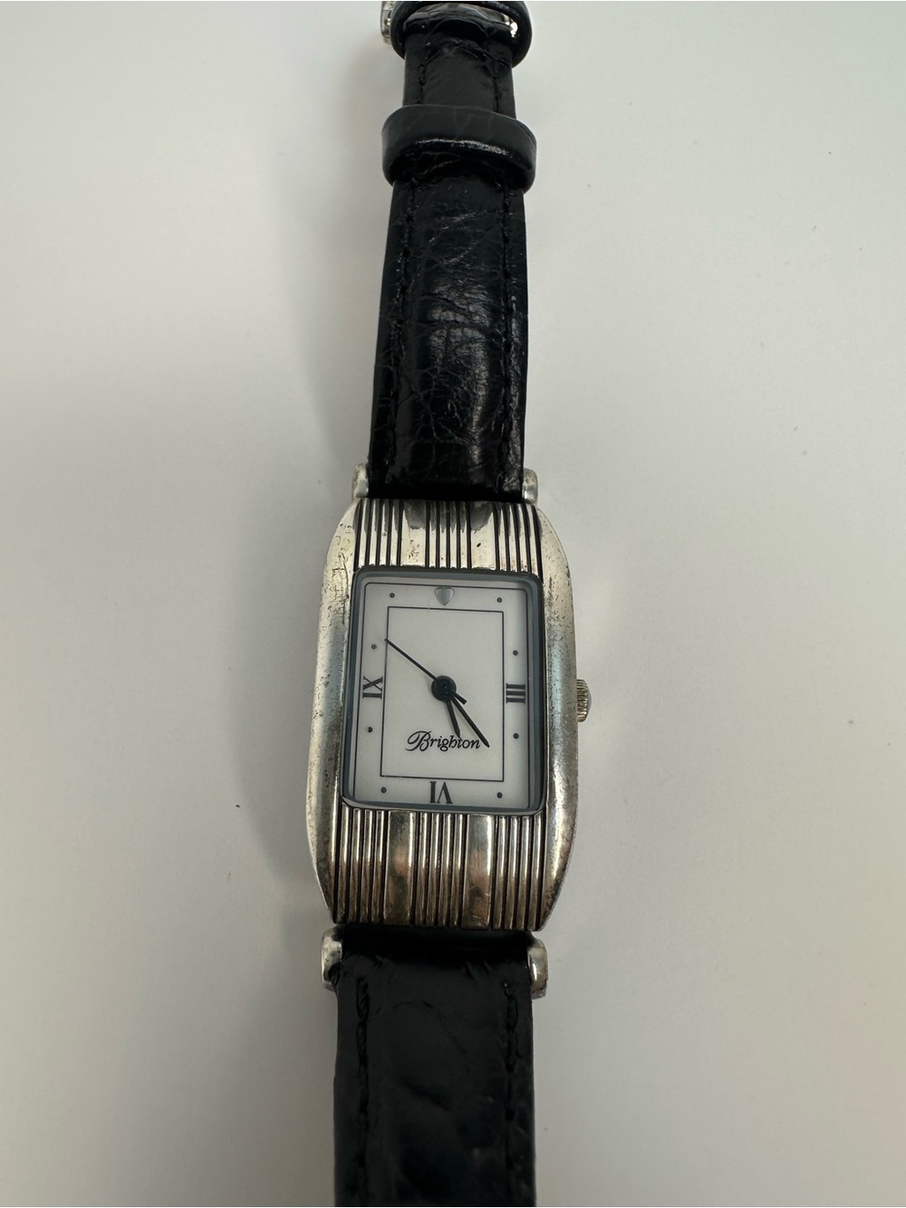 Brighton Oxford Black Leather Strap Silver-Tone Rectangular Watch